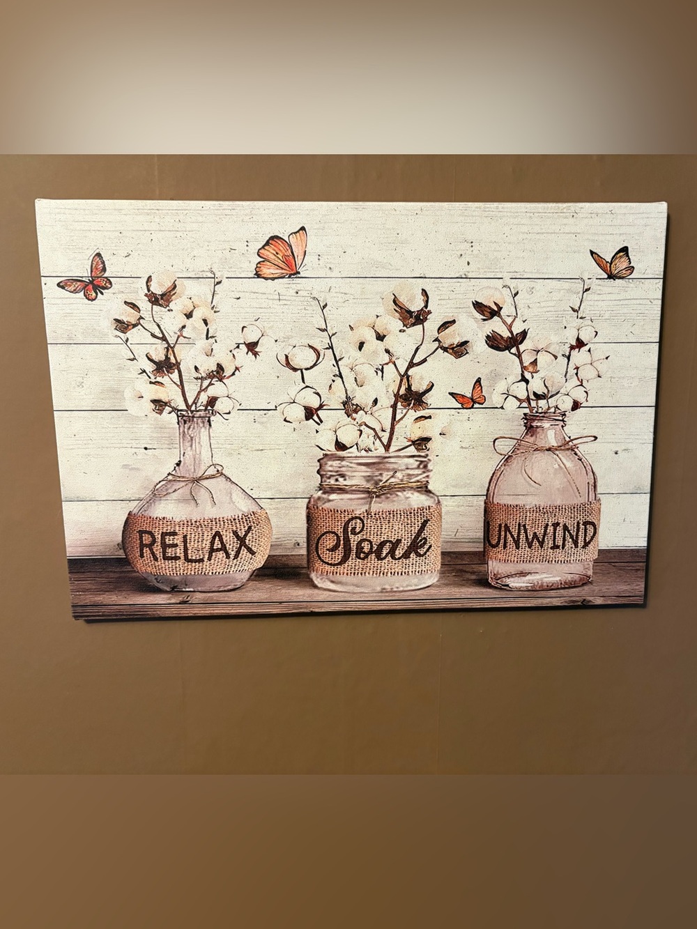 Farmhouse Bathroom Wall Art Rustic Cotton 16"L x 12"W Brown Hangable canvas